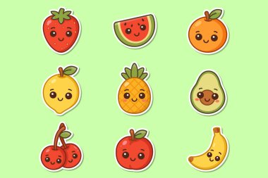 Çilek, muz, ananas ve daha fazlası da dahil olmak üzere kawaii tarzı bir meyve koleksiyonu. Her meyvenin sevimli bir gülen yüzü vardır. Çocuklar, çıkartmalar ve eğlenceli tasarımlar için mükemmeldir..