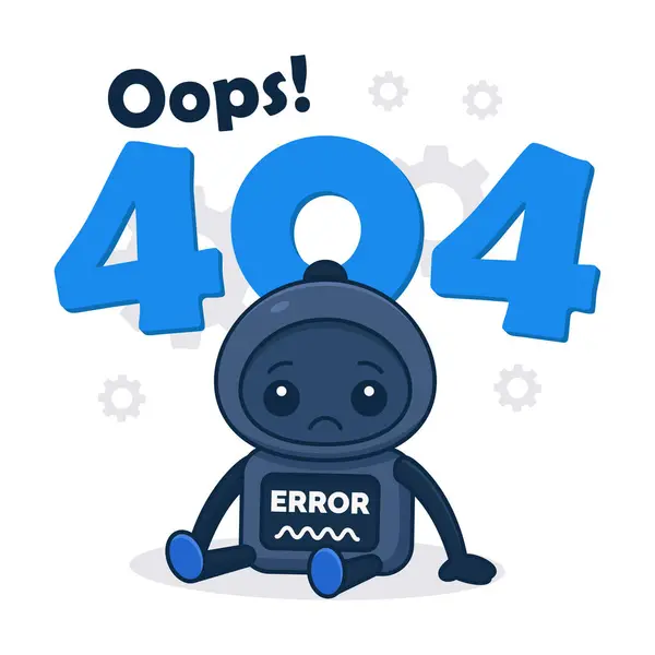 Büyük bir 404 mesajının altında oturan sevimli üzgün bir robot kayıp bir sayfa veya web sitesi hatasını işaret ediyor. Özel hata sayfaları, uygulama arayüzleri ya da arkadaşça bir ses tonuyla eğlenceli teknoloji temalı görseller için mükemmel