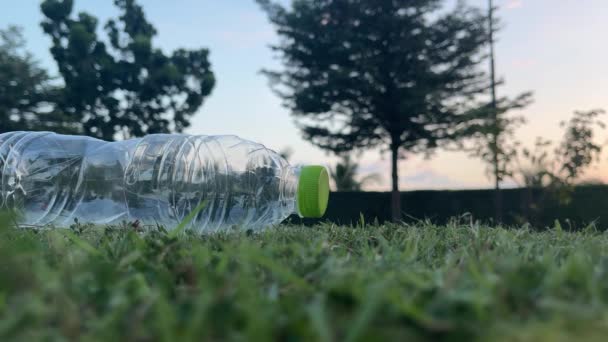 Chłopiec Zbiera Wyrzucone Plastikowe Butelki Wodą Trawniku Wrzucić Kosza Śmieci — Wideo stockowe