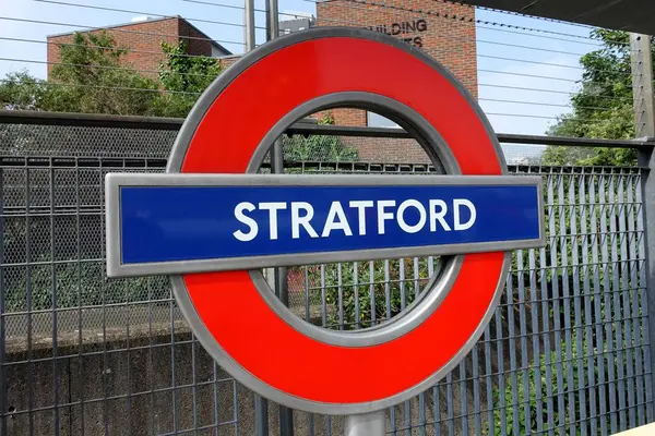 stock image Stratford Station, London Underground roundel sign