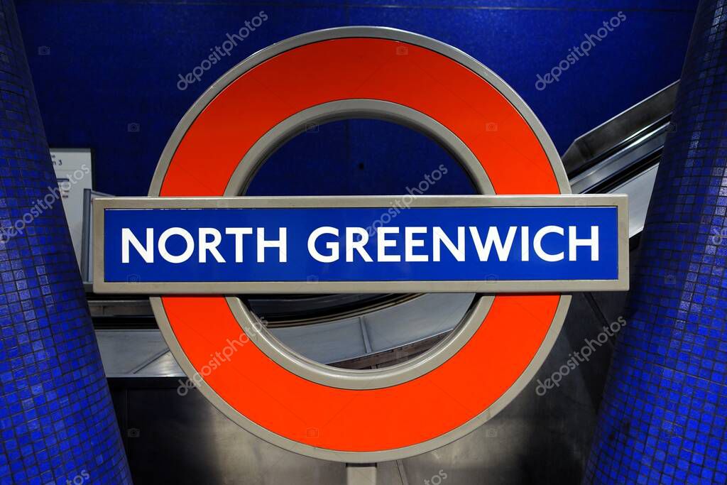 North Greenwich Station, London Underground roundel sign