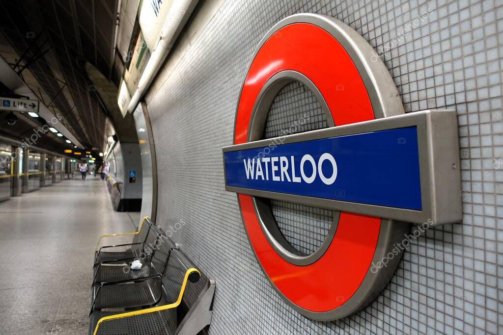 Waterloo Station, London Underground roundel sign on the platform