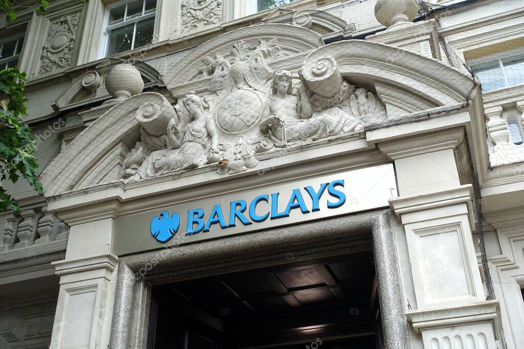 Barclays Bank logo displayed on the Baroque-style entrance in Hampstead village, North London