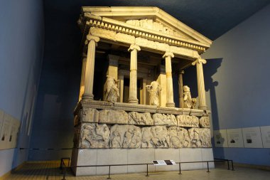 London, England, UK - October 4th 2025: The reconstructed facade of The Nereid Monument is located in the British Museum. This monument is recognised as the largest and finest of the Lycian tombs.