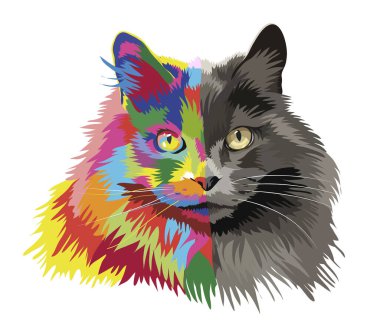 Sarı gözlü, uzun saçlı bir kedinin portresi. Portrenin tabanı gerçek bir resimdir, namlunun ikinci yarısı farklı renklerde boyanmıştır..