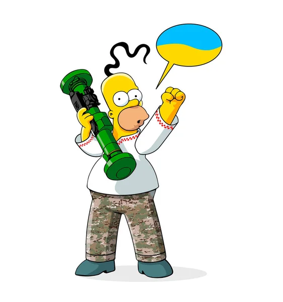 彼の手に武器を持つシンプソン カモフラージュパンツとウクライナのナショナルシャツで — ストックベクタ