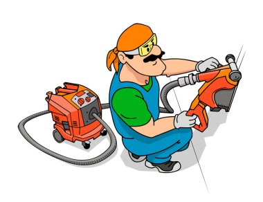 worker in overalls performs work with power tools on wall chasing