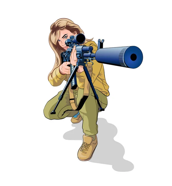用装有消声器的狙击步枪瞄准的女军人 — 图库矢量图片