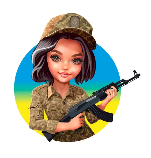 Çizgi film kızı asker elinde makineli tüfekle sarı-mavi yuvarlak arka planda