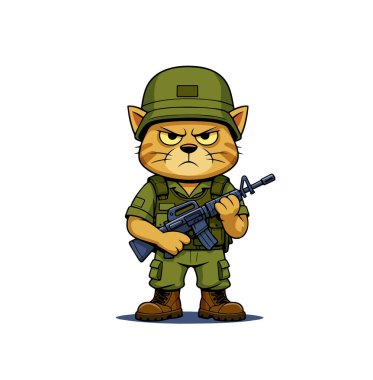 Askeri üniformalı kırmızı kedi pençelerinde makineli tüfekle tehditkar görünüyor.