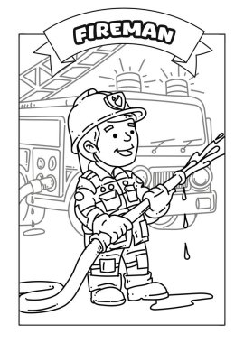 Occupations Coloring Pages for Kids. Black and white firefight Coloring Page, activity sheet. clipart