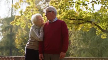 Loving old man and woman enjoying spending time together in the sunny park. High quality 4k footage
