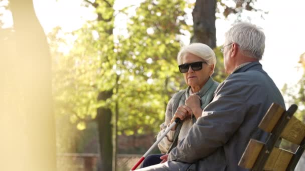 Blind Elderly Woman Dark Sunglasses Her Husband Park High Quality — Stockvideo