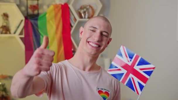 Medium Closeup Shot Young Gay Man Flag Showing Thumb Lgbt — Stock Video