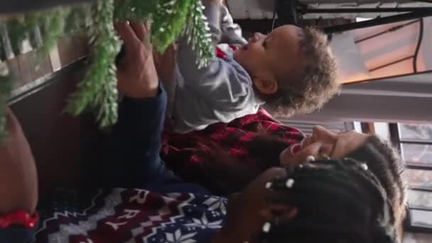 Baby Boy His Multiracial Laughing Parents Playing Piano Christmas Tree — Wideo stockowe