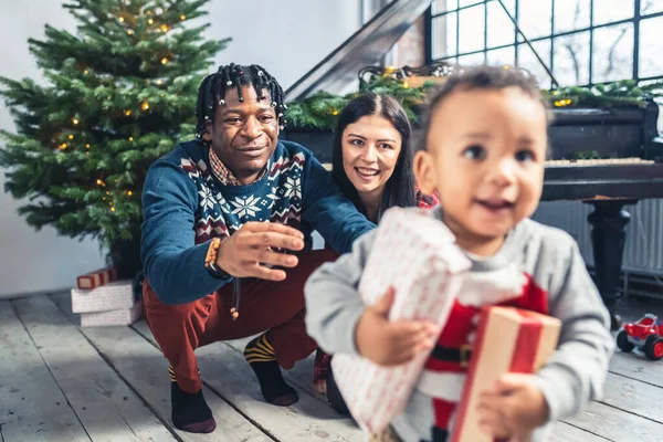 Multiracial Young Parents Toddler Son Presents Christmas Tree High Quality — Φωτογραφία Αρχείου