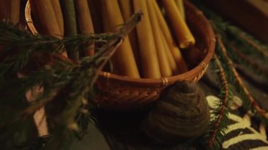 Plain taper candles at handcraft market. High quality 4k footage