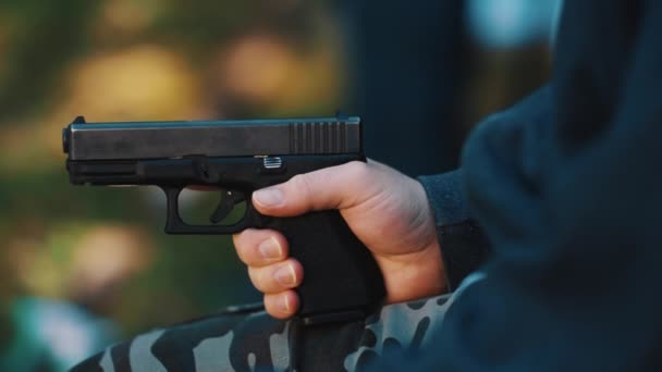 Man Holding Gun His Hand Glock Safe Accurate Light Pistol — Video Stock