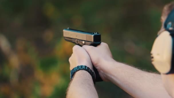 Protective Shooting Earmuffs Used Shooting Range Best Way Preserve Hearing — Video Stock