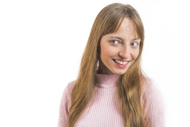 Portrait of a woman with long straight fair hair smiling and looking to the side on a white background. High quality photo
