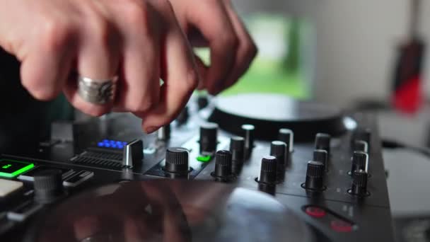 Hands Man Adjusting Buttons Audio Mixer Console Recording Music High — стоковое видео