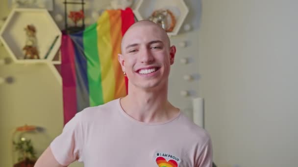 Medium Closeup Shot Young Gay Man Flag Lgbt Flag Background — Wideo stockowe