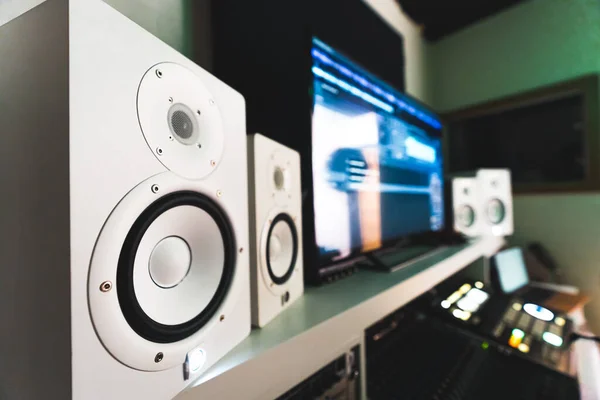 Professional studio monitors, music recording home setup . High quality photo