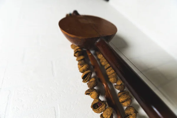 Nahaufnahme Einer Afrikanischen Geige Vor Der Weißen Wand Hause Hochwertiges — Stockfoto
