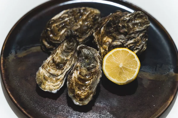 Popular Dish Seafood Restaurant Oysters Lemon High Quality Photo — Stock Photo, Image