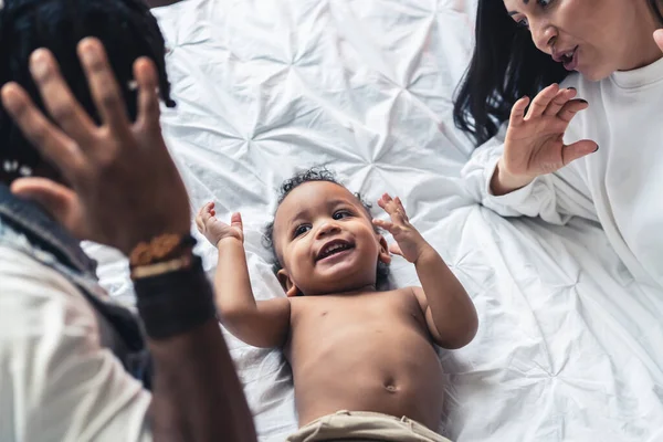 Afro American Little Kid Laying Bed Playing His Parents Leisure — Stock Photo, Image