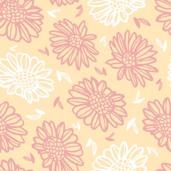 Vector Hand Drawn White Pink Camomiles Daisies Yellow Seamless Pattern — Stock Vector