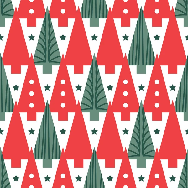 Arbres Noël Géométriques Vectoriels Pois Étoiles Blanc Vert Rouge Motif — Image vectorielle