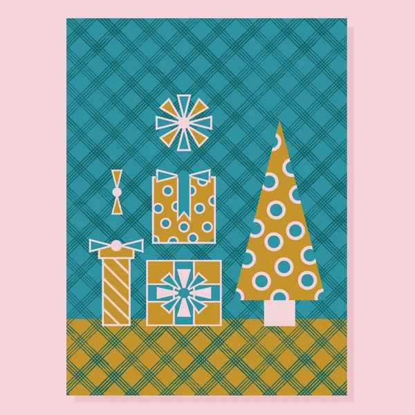 Vector Vintage Abstract Christmas Tree Gifts Card Print Checkered Geometric — Stock Vector