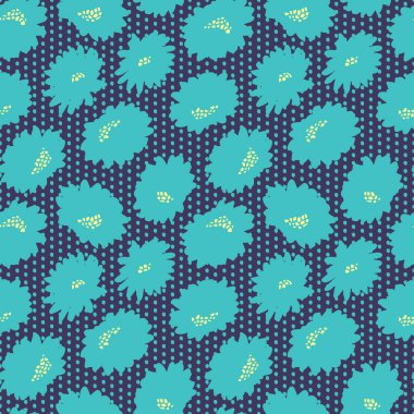 Papatya desenli koyu mavi benekli vektör deniz mavisi puantiyeler. Modern düz çiçekler, soyut doku. Çiçek geometrik iz arka planı. Kumaş, ambalaj ve kağıtlar için mükemmel..