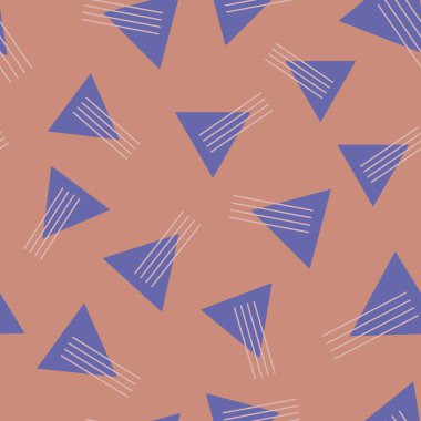 Pembe çizgileri olan düz mor üçgenler. Geometrik turuncu, soyut, dikişsiz desen. Modern baskı dokusu. Kumaş, duvar kâğıtları, ev dekorasyonu için mükemmel..
