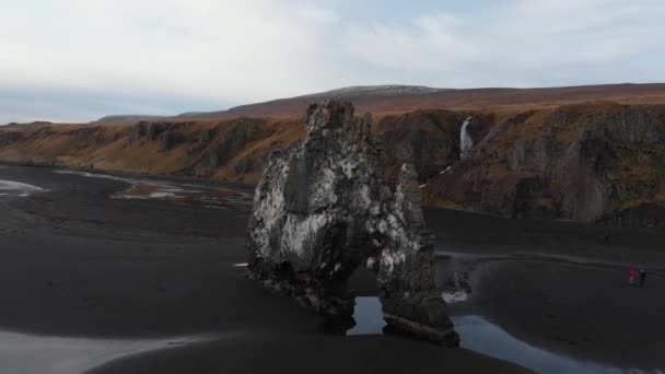 Widok Lotu Zach Islandii Hvitserkur Bazaltowa Skała Postaci Olbrzymiego Mamuta — Wideo stockowe