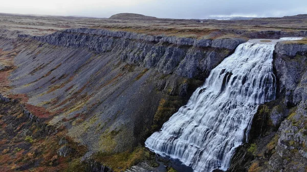 Widok Lotu Ptaka Dynjandi Zwany Również Fjallfoss Ogromny Wodospad Vestfirdir — Zdjęcie stockowe