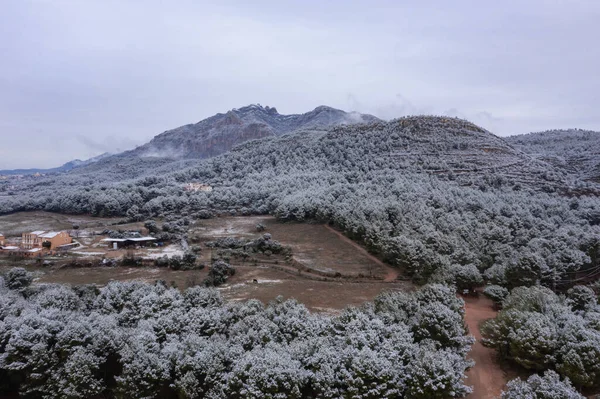 Karlı bir kış gününde İspanya 'nın Katalonya şehrinde Montserrat Dağı' nın havadan görünüşü.