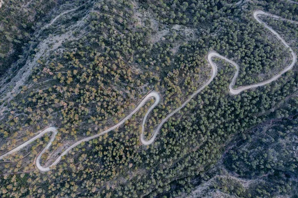 Воздушный Кадр Извилистой Дороги Горе Лесу Окруженном Соснами — стоковое фото