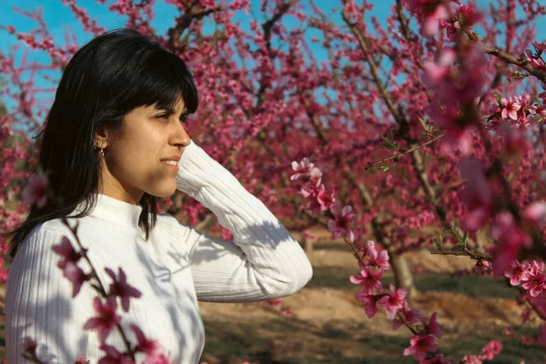 Caucasian woman among the pretty pink peach blossoms, in Lleida, Spain.