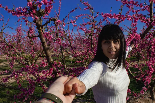 Güzel bir bahar öğleden sonrasında, çiçek açmış şeftali ağaçlarıyla el sıkışan bir kadın.