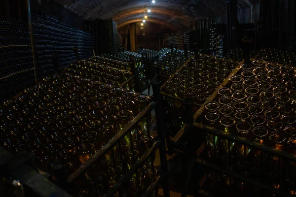 Пляшки Печери Поміщені Бродіння Великому Підвалі — стокове фото