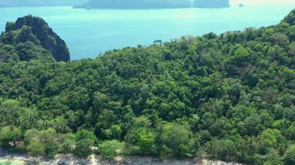Αεροφωτογραφία Του Νησιού Ελικόπτερο Γαλαζοπράσινα Νερά Του Μια Ηλιόλουστη Μέρα — Αρχείο Βίντεο