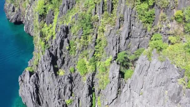 Вид Воздуха Огромные Скалы Растительностью Большой Лагуне Солнечный День Филиппины — стоковое видео