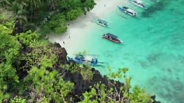 Вид Воздуха Райский Пляж Seven Commando Типичными Филиппинскими Лодками Banca — стоковое видео