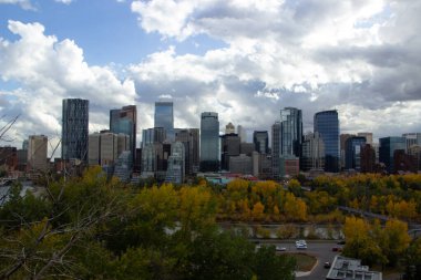 Kanada, Calgary 'de sonbaharda yüksek binaların ve ağaçların güzel manzarası.