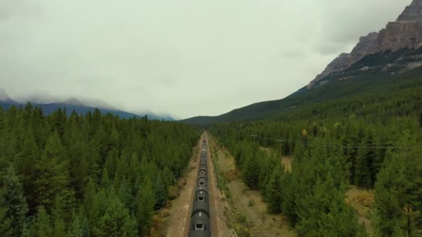 木々に囲まれたカナダの岩山を横断するカナダ横断トラックの航空眺め — ストック動画