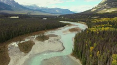 Sonbahar günü Alberta, Kanada 'da binlerce ağaçla çevrili Athabasca Nehri' nin mavi renginde hava manzarası..