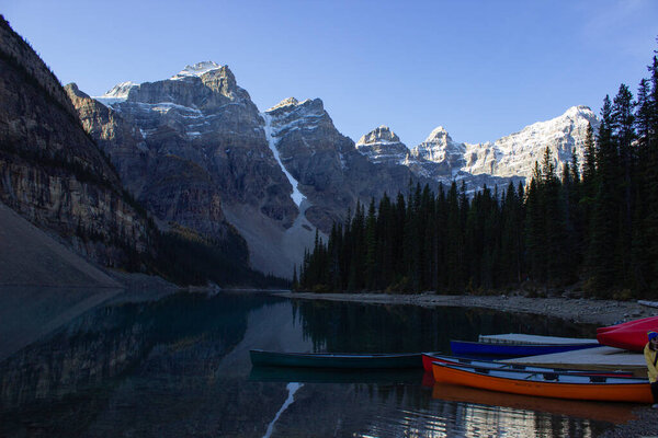 The famous boats waiting on Lake Moraine. In Canadian Rockies.