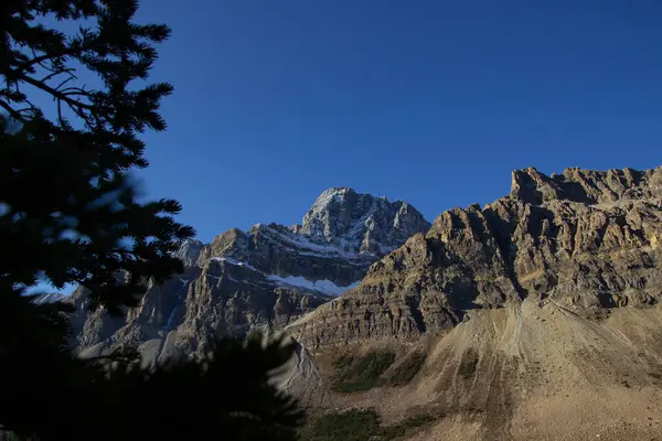 Sonbaharda Crowfoot Dağı Bow Gölü 'nden görülen karla, Kanada Kayalıkları.